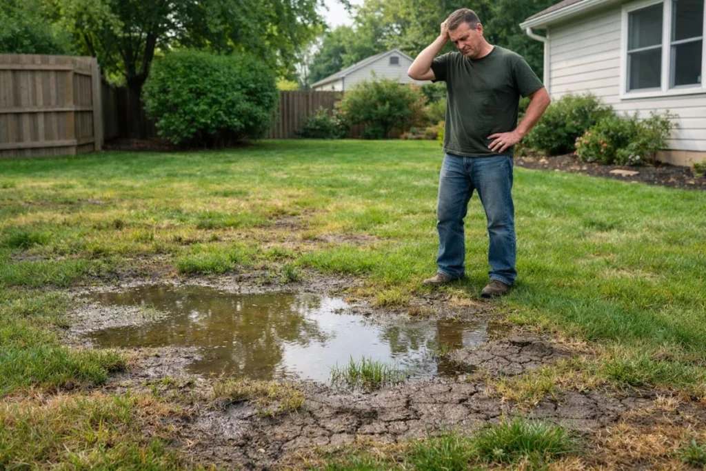 Compacted lawn soil causing water pooling and weak grass growth