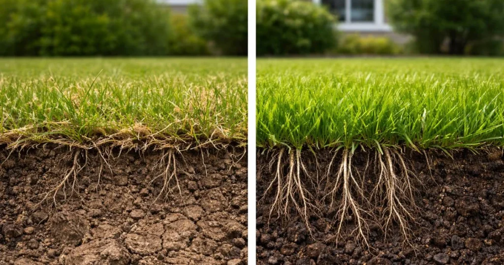 Compacted soil compared to healthy lawn soil