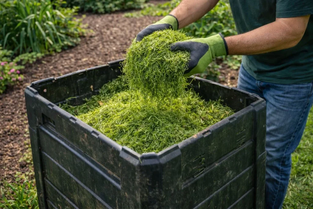Grass clippings added to compost pile for reuse