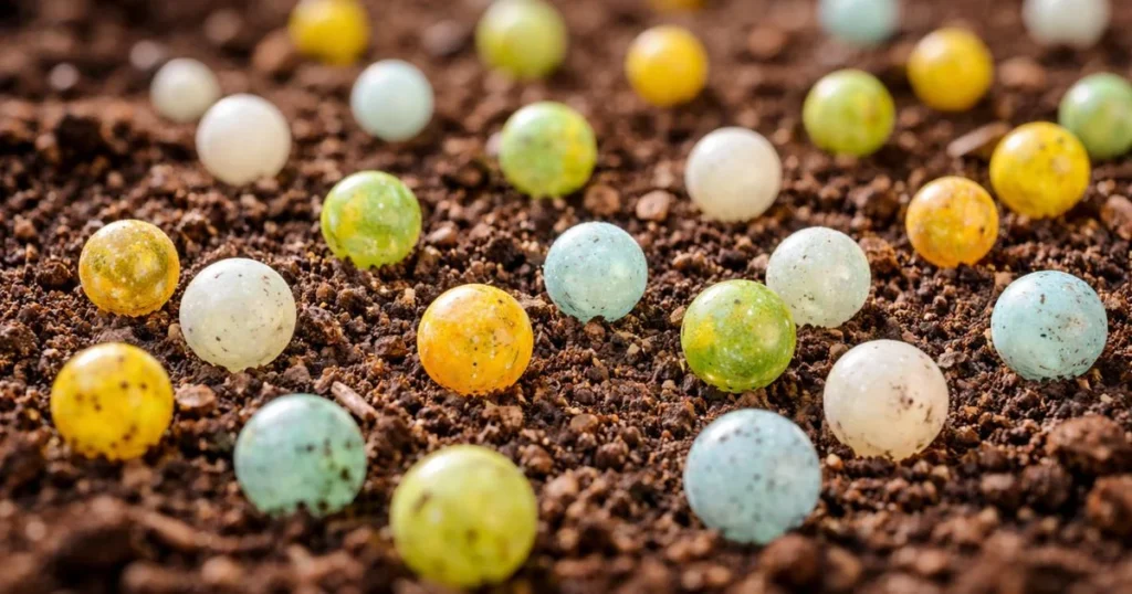 Controlled-release fertilizer pellets close-up