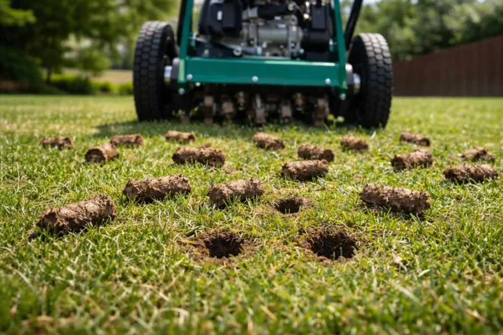 Core aeration machine removing soil plugs from lawn
