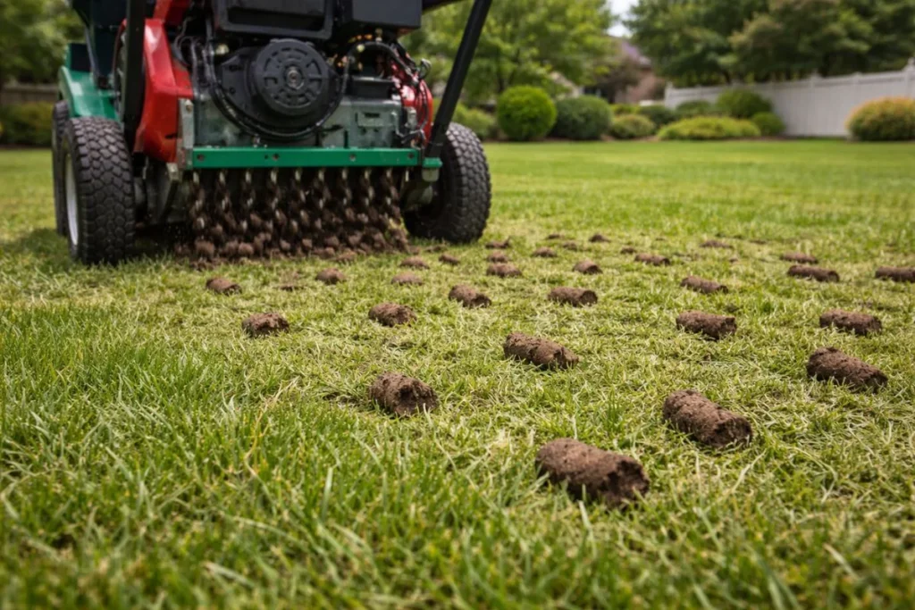 core aeration process removing soil plugs from lawn