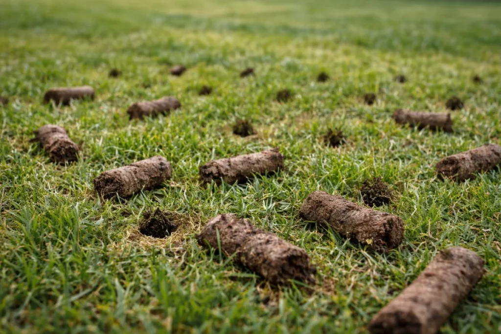 Soil plugs removed during core aeration showing deep soil penetration
