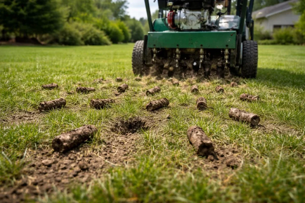 core aeration machine removing soil plugs