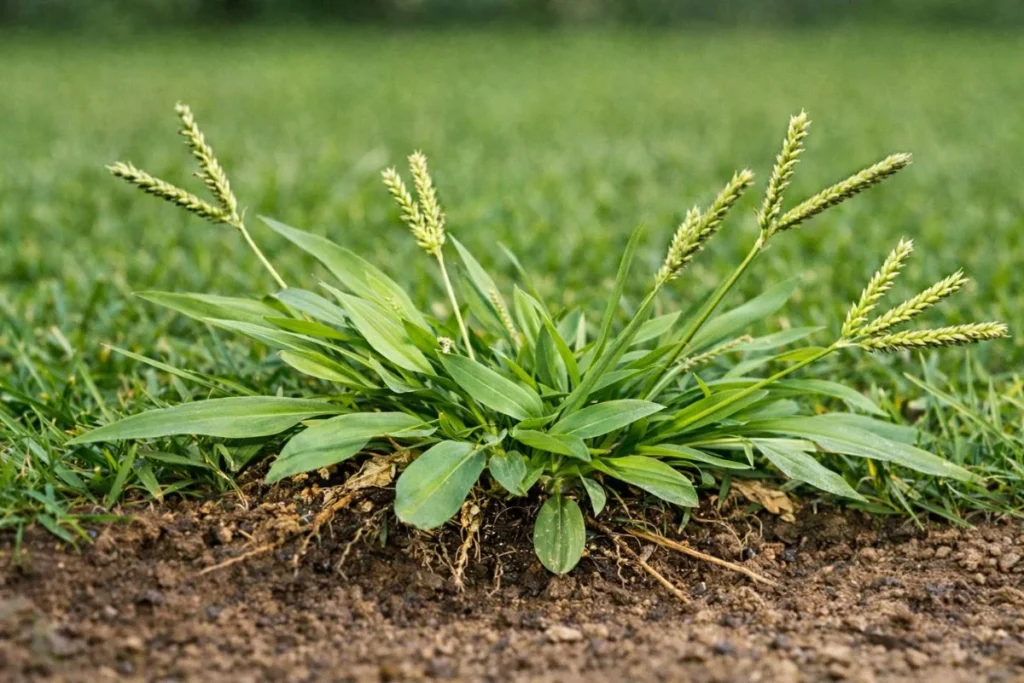 Crabgrass plant spreading low in lawn with finger-like seedheads