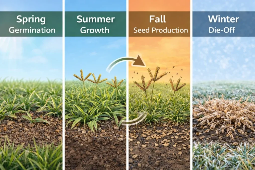 Crabgrass life cycle from spring germination to winter die-off