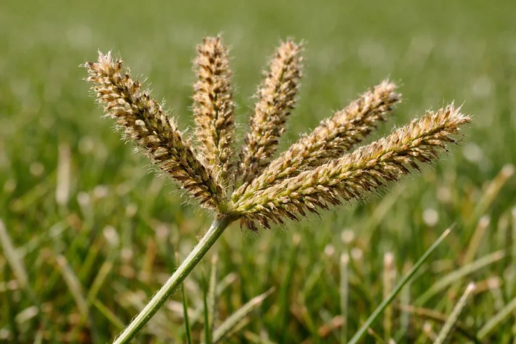 Close-up of crabgrass seed head producing thousands of seeds