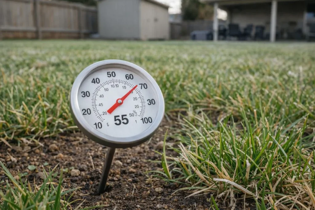 Soil thermometer showing 55 degrees Fahrenheit in early spring lawn