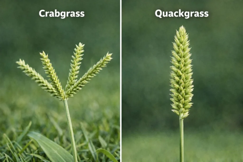 Crabgrass finger-like seedhead compared to quackgrass single spike seedhead