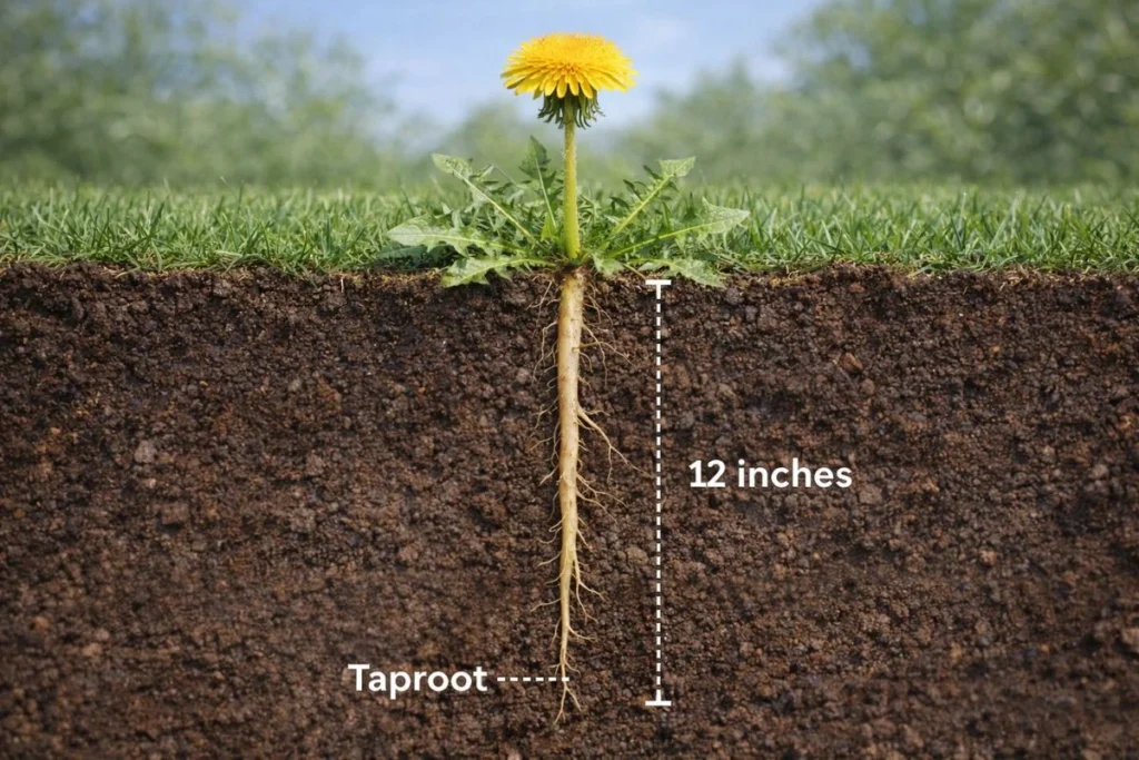 Deep dandelion taproot extending into soil below lawn surface