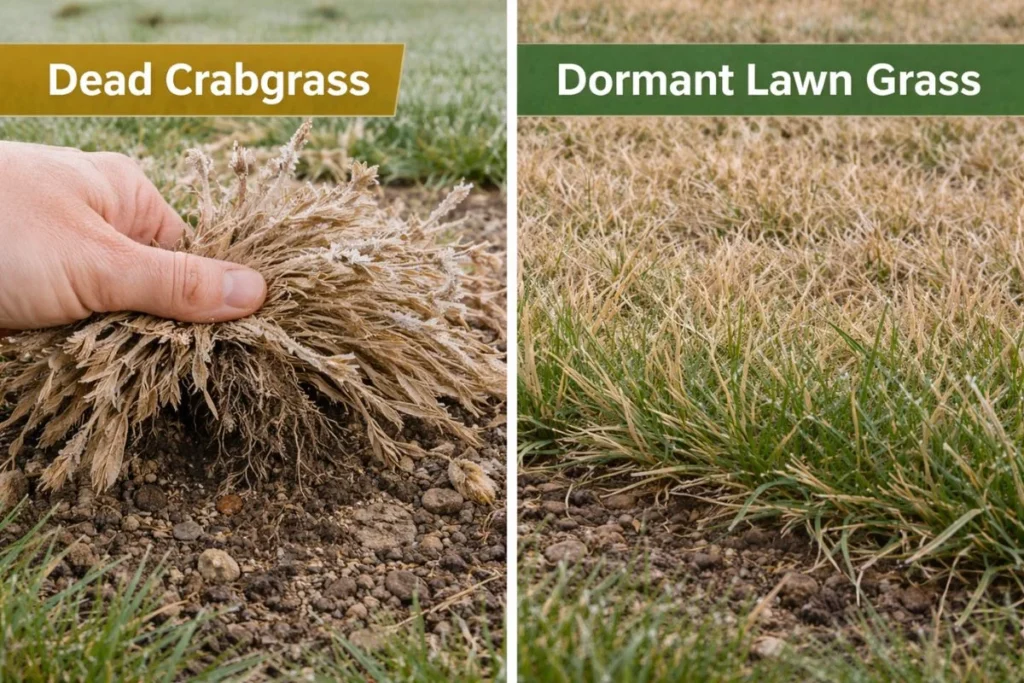 Comparison of dead crabgrass and dormant lawn grass in winter