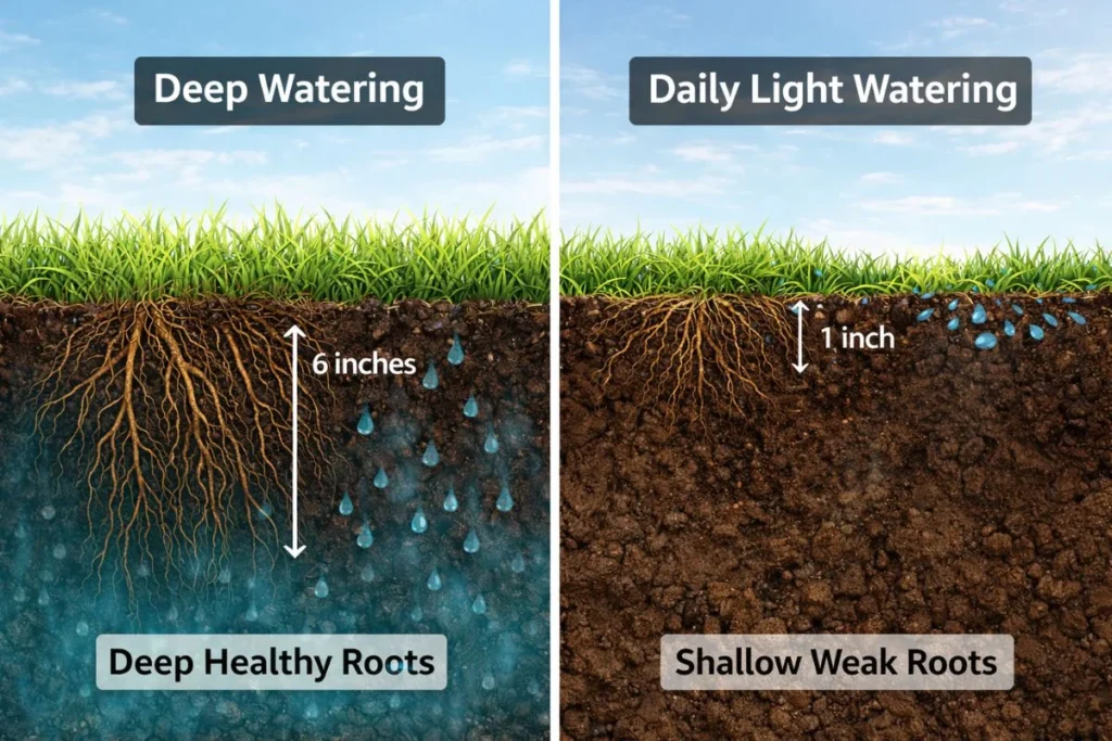 Deep watering vs shallow watering showing grass root depth comparison