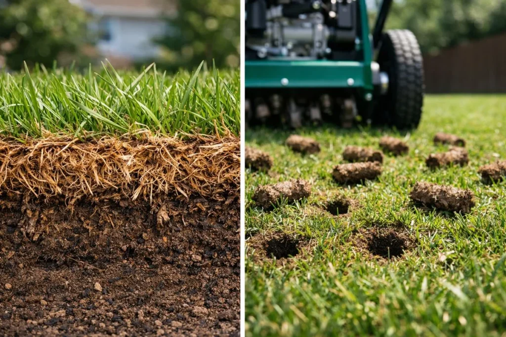 Dethatching vs aerating lawn comparison showing thatch layer and aeration holes