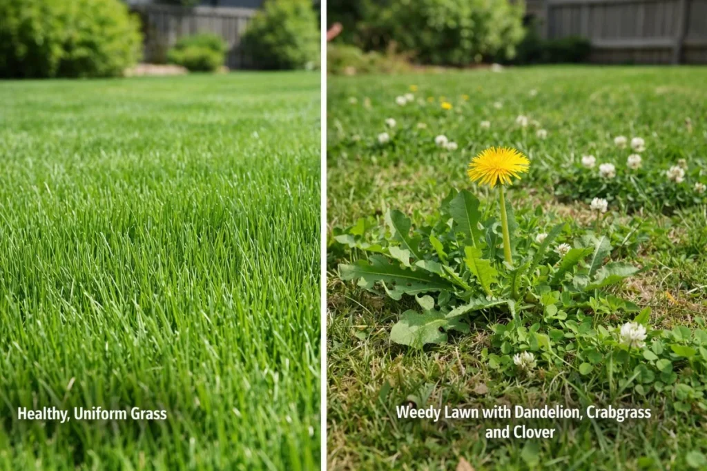 Difference between weeds and grass in a lawn comparison view