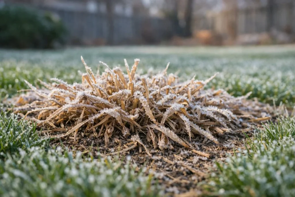 Crabgrass turning brown after winter frost in residential lawn