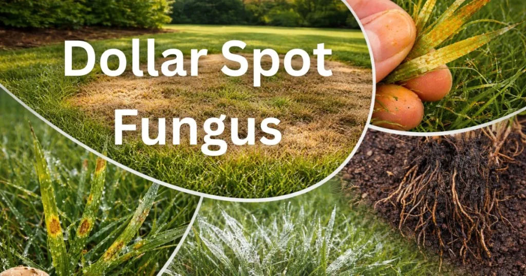 Small circular light brown patches in lawn grass showing dollar spot fungus infection