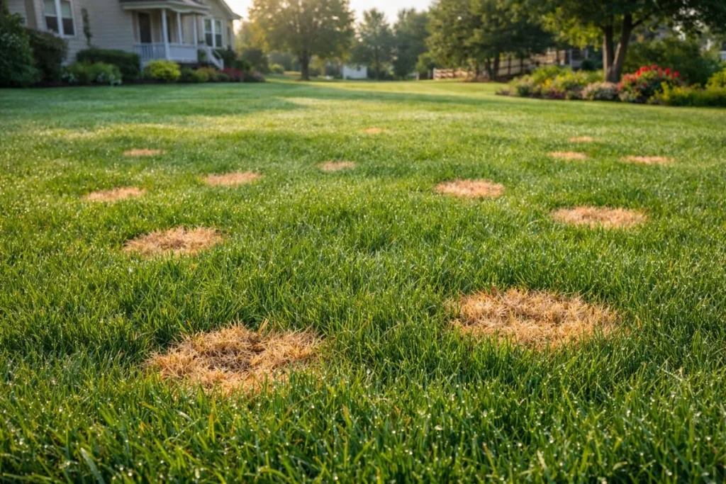 Dollar spot fungus causing small circular brown patches in a residential lawn
