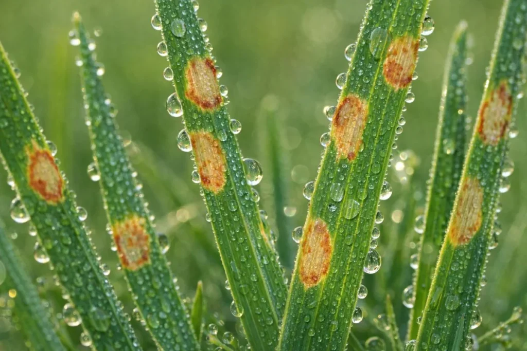 Close-up of dollar spot lesions on grass blades with tan centers and dark borders