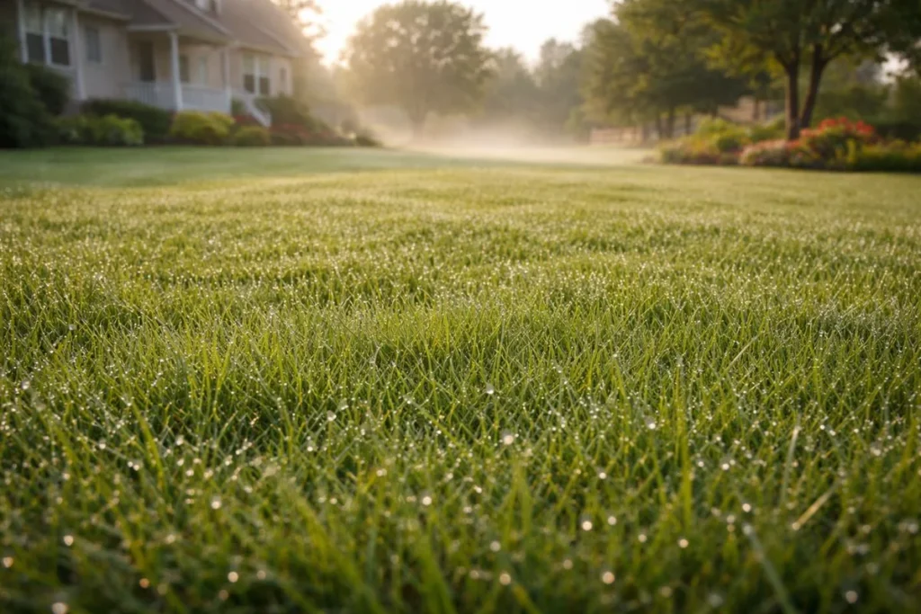 Lawn covered in heavy morning dew during humid weather increasing dollar spot risk