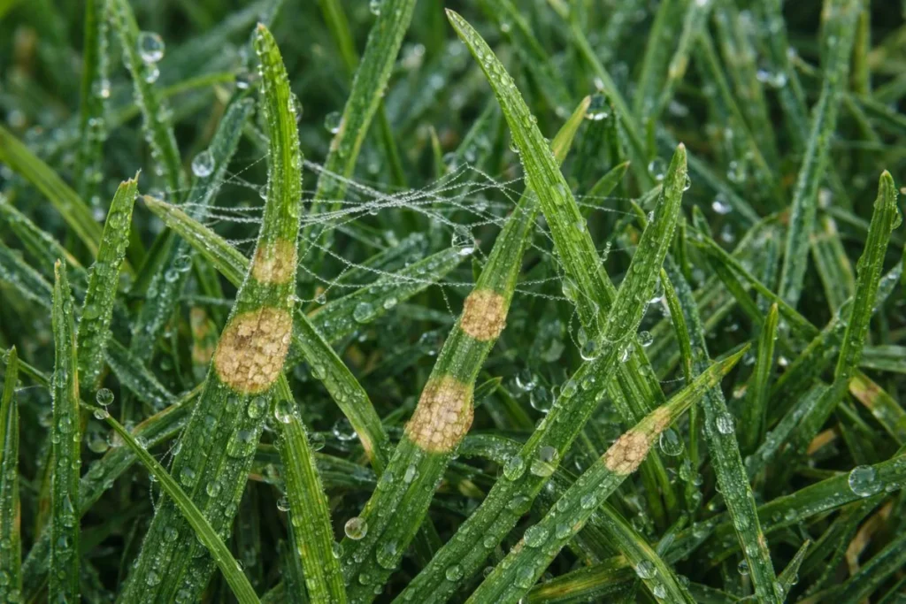Close-up of dollar spot lawn fungus with small tan circular patches and dew