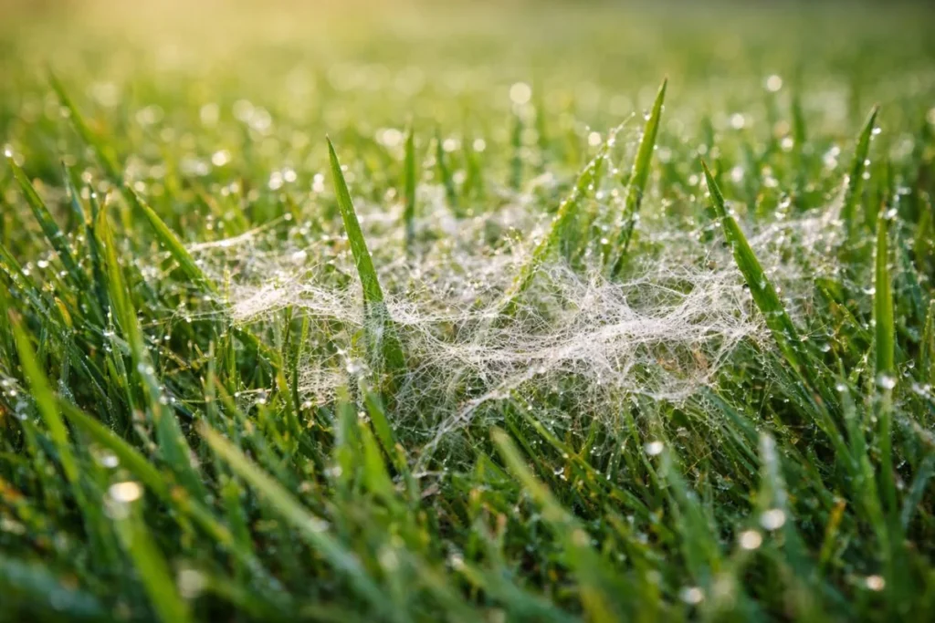 White web-like fungal growth on grass caused by dollar spot fungus during early morning dew
