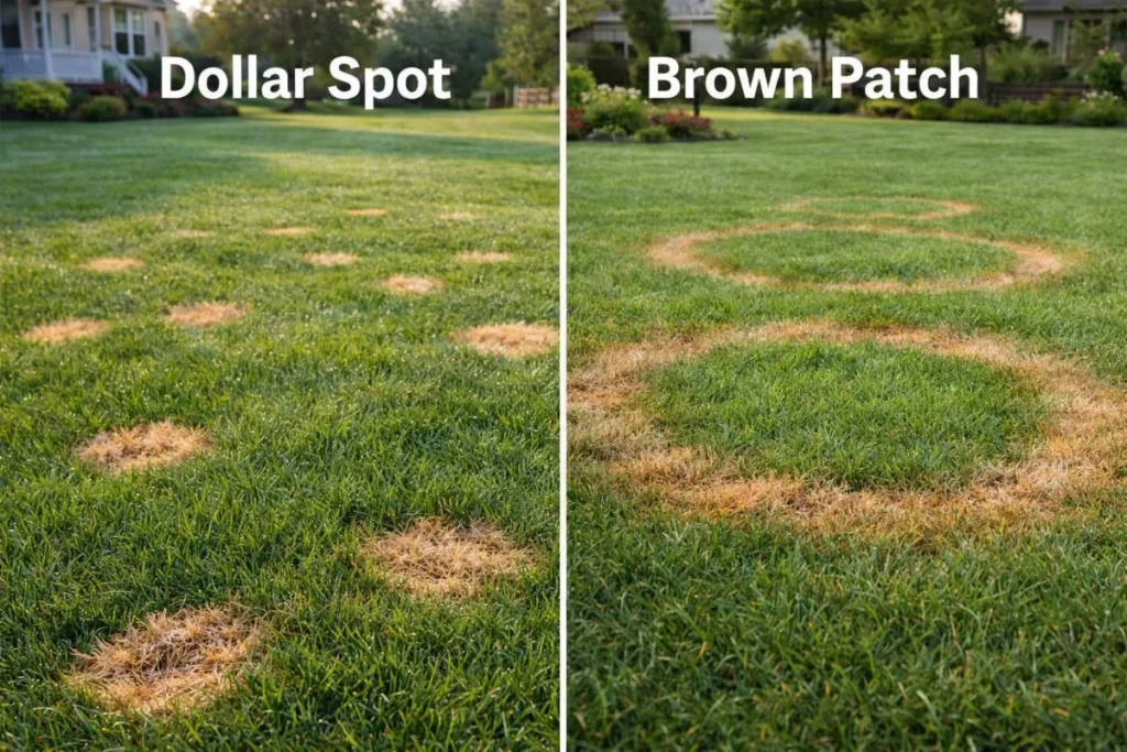 Side-by-side comparison of dollar spot small patches and brown patch larger circular lawn damage