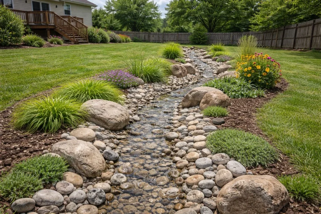 Dry creek bed for surface lawn drainage
