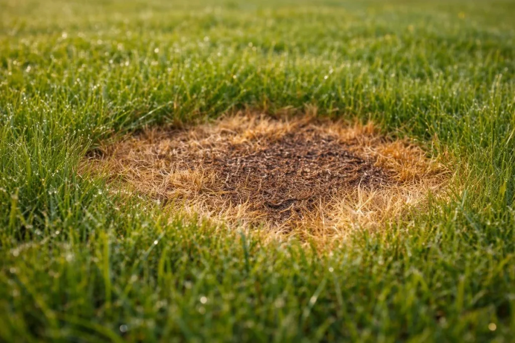 Small early stage lawn fungus patch in green grass