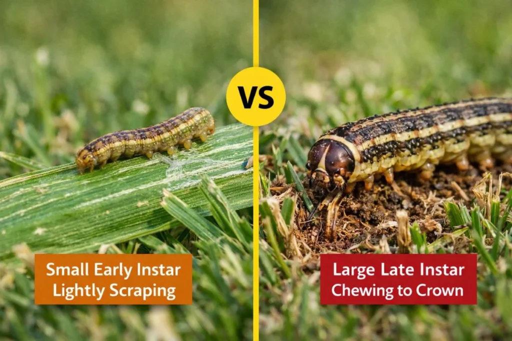 Early instar and late instar armyworm feeding damage comparison