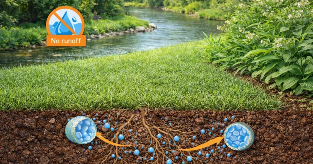 Soil absorbing nutrients with no runoff near a clean water stream