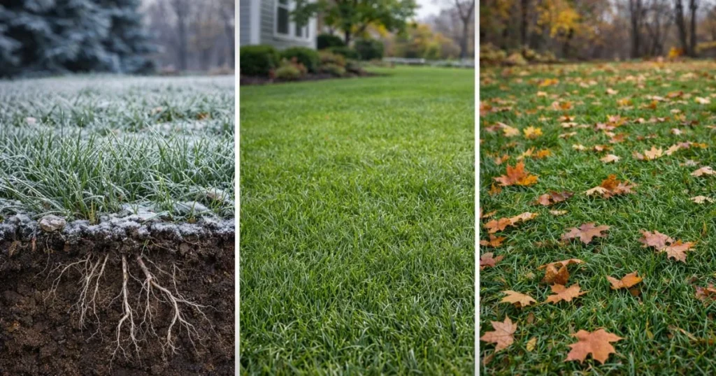 Different lawns in fall showing timing differences for winterizer fertilizer application