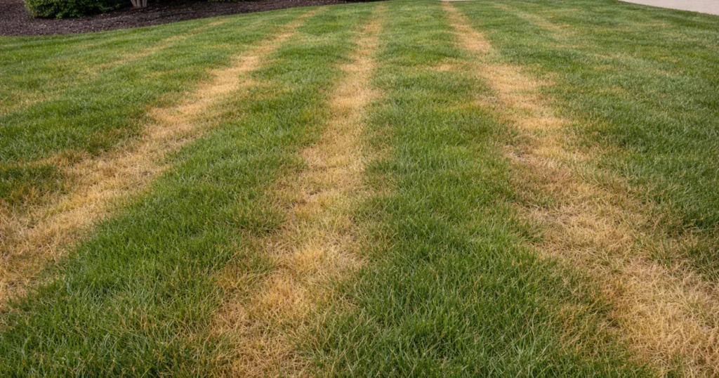 Fertilizer burn patterns on lawn grass