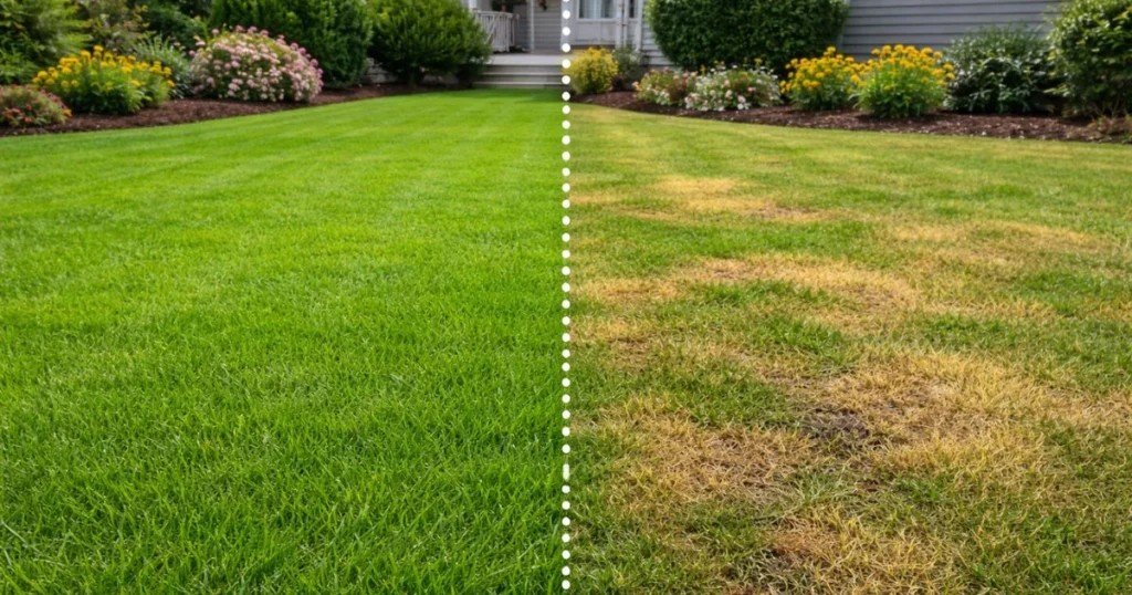Fertilizer burn damage compared with healthy lawn grass