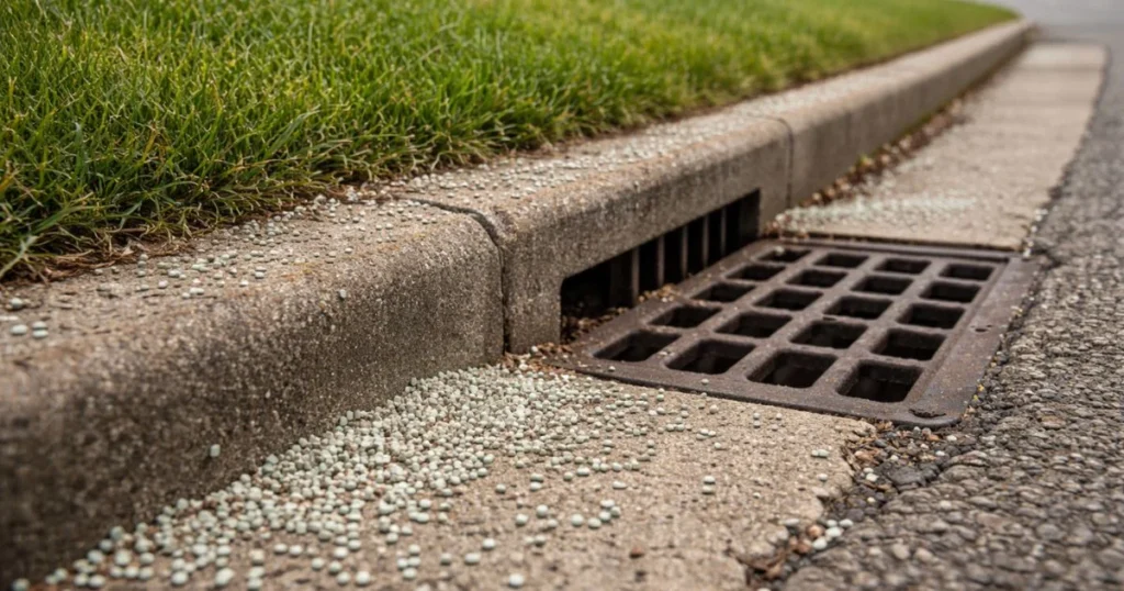 Fertilizer runoff risk near storm drain