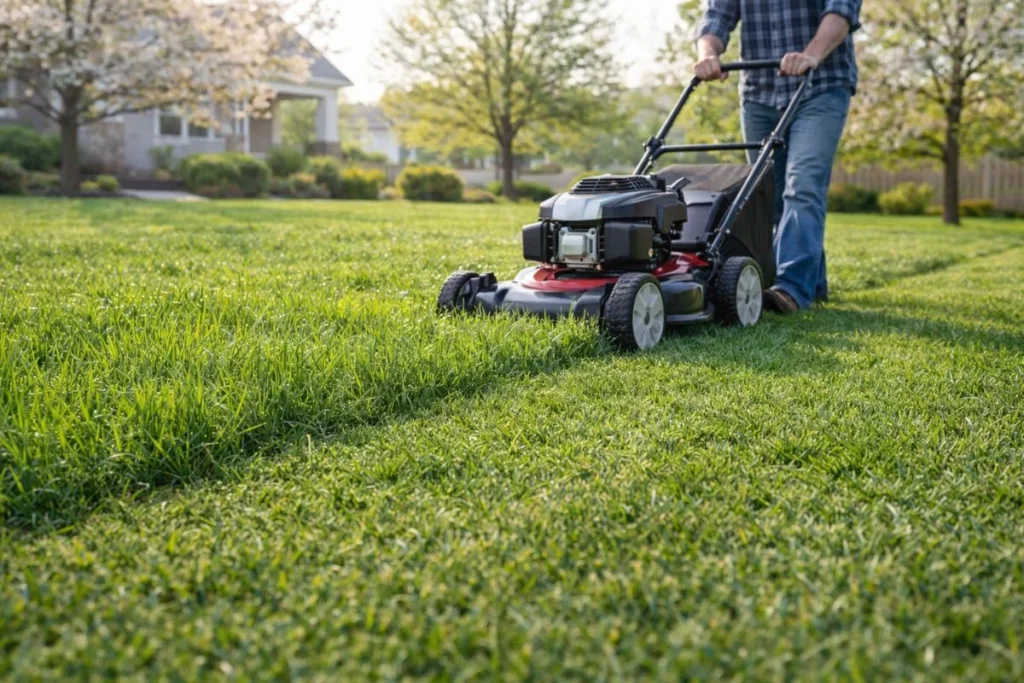 First lawn mowing of the season using higher mower height