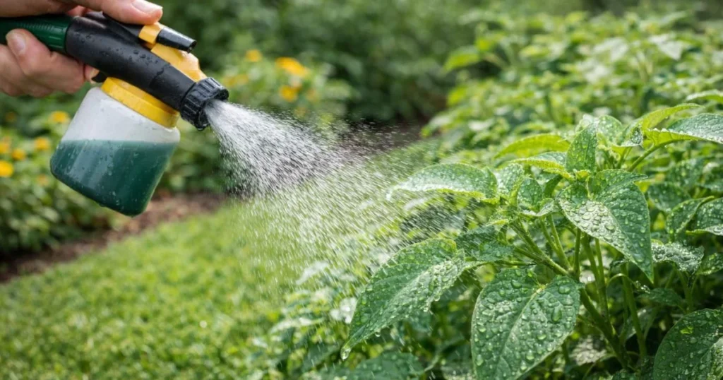 Foliar feeding with liquid fertilizer on plant leaves