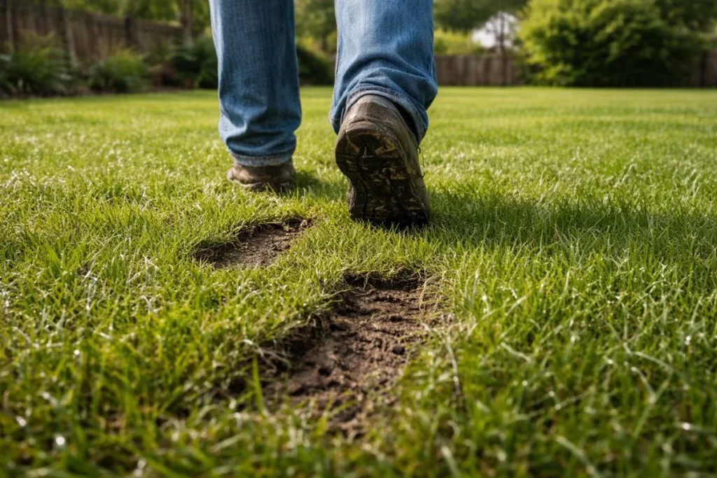 footprint test showing wet soil before mowing lawn
