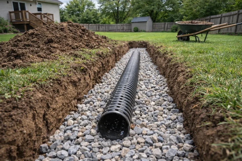 French drain system installed in lawn for drainage