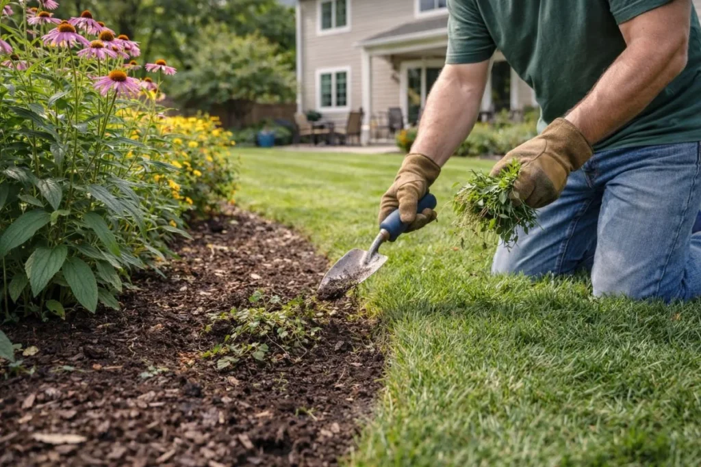 cleaning garden beds and removing weeds during yard cleanup