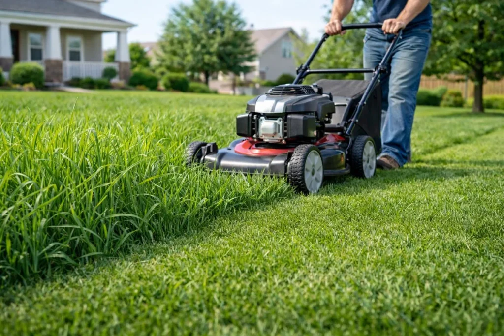 Gradual mowing of overgrown lawn to prevent stress