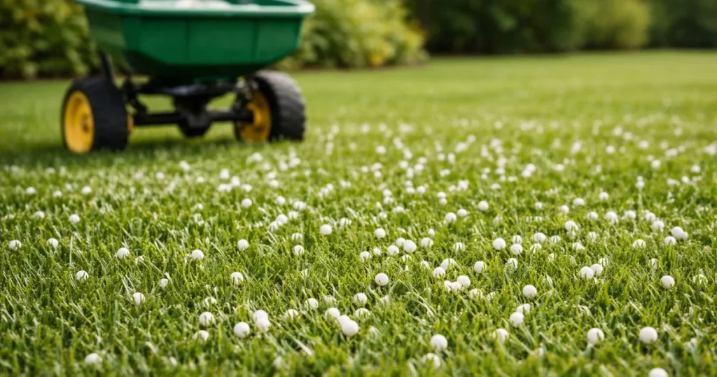 Granular fertilizer pellets spread on lawn grass