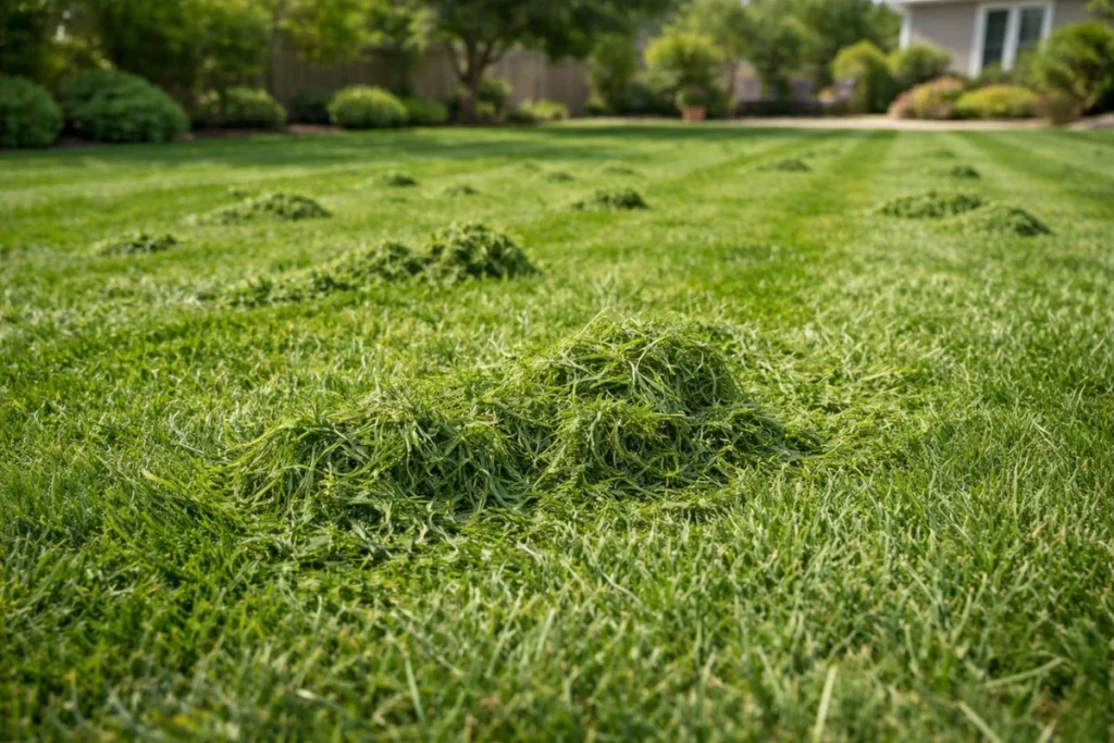 Wet grass clippings forming clumps after mowing lawn