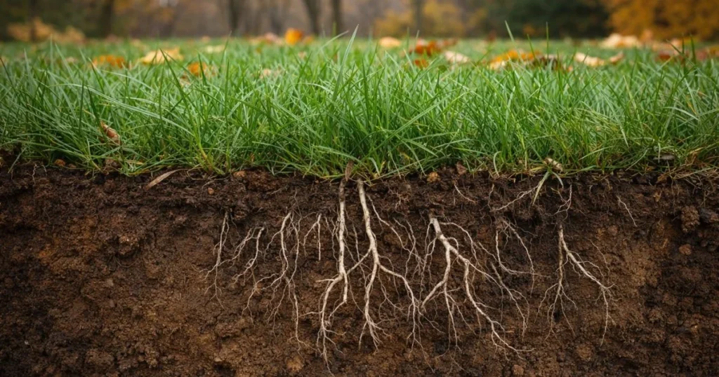 Grass roots growing underground while lawn growth slows in fall