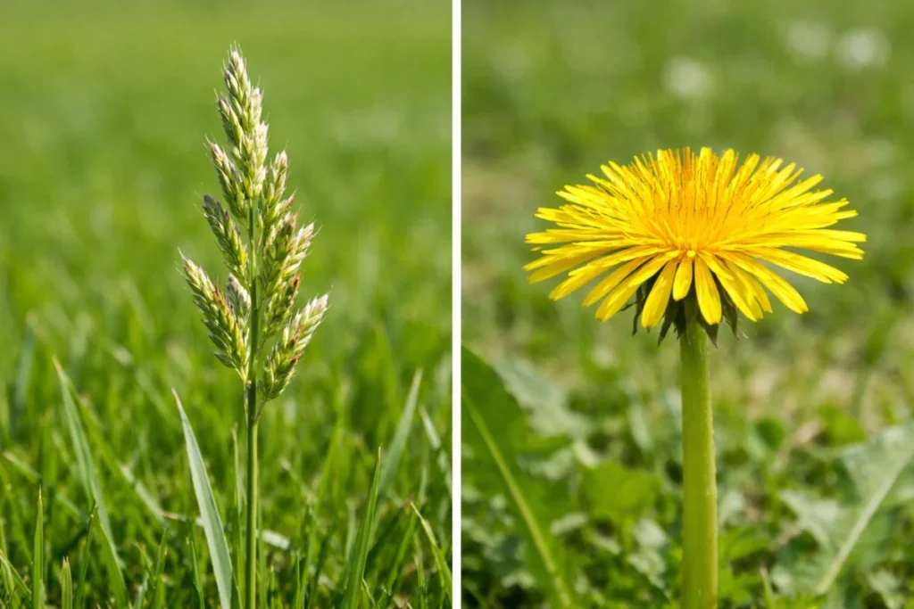 Grass seed head compared to dandelion flower in lawn