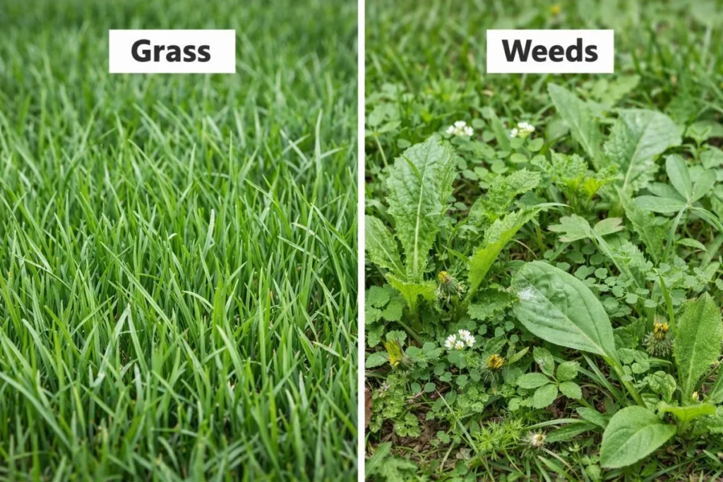 difference between grass and weeds showing blade shape and growth pattern