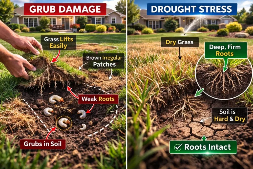 Comparison of lawn grub damage and drought stress symptoms