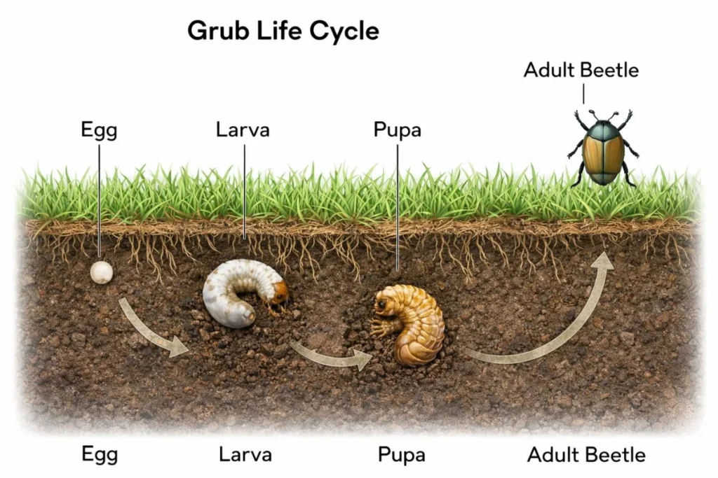 Diagram showing beetle egg, larva grub, pupa and adult beetle stages in soil