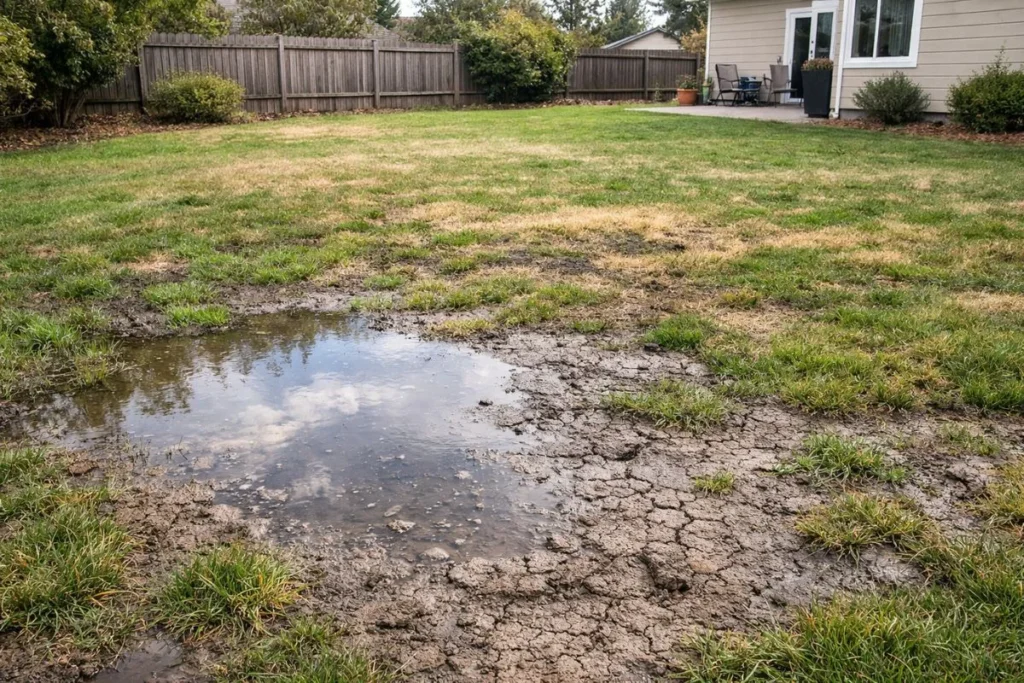 Gypsum for lawn showing poor drainage and hard clay soil