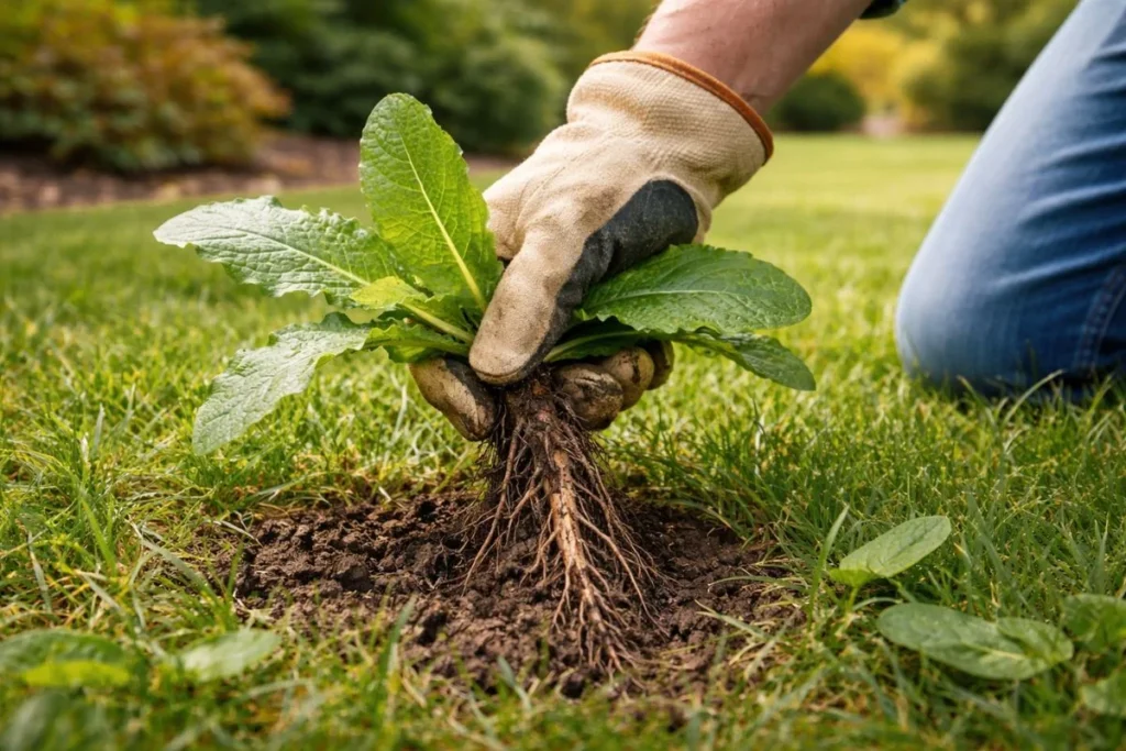 Hand pulling broadleaf weed with root from lawn