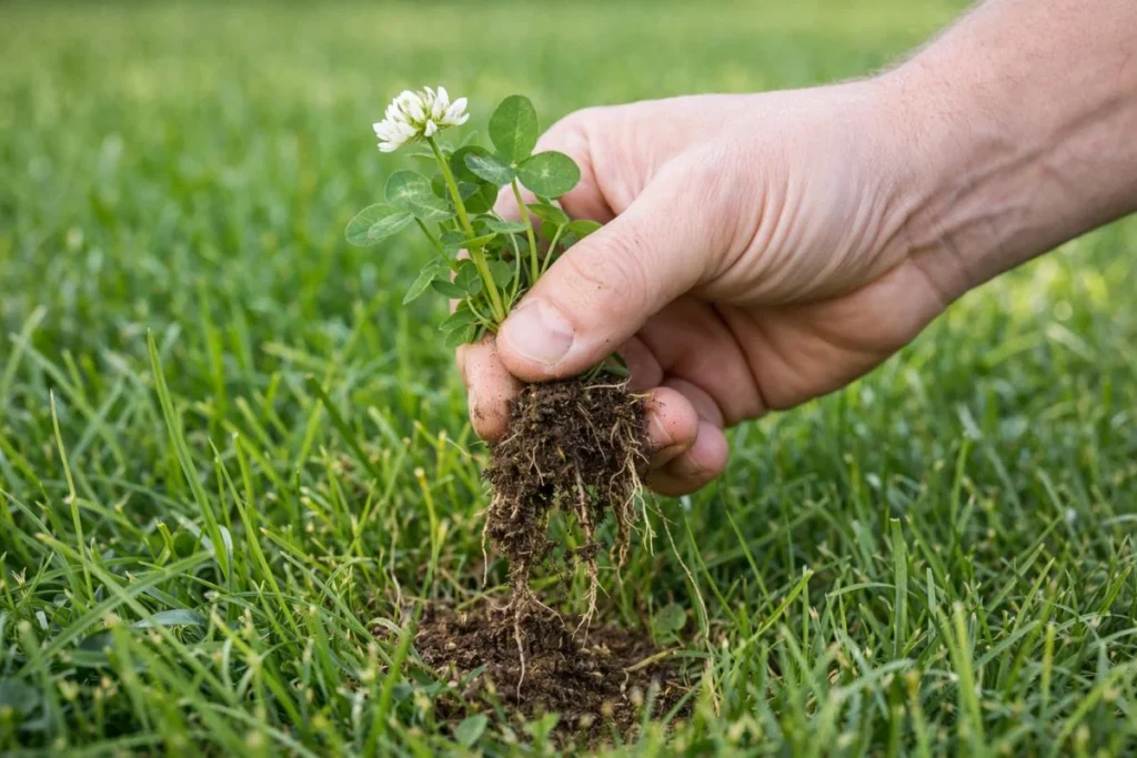 person pulling clover weed out of lawn with roots visible